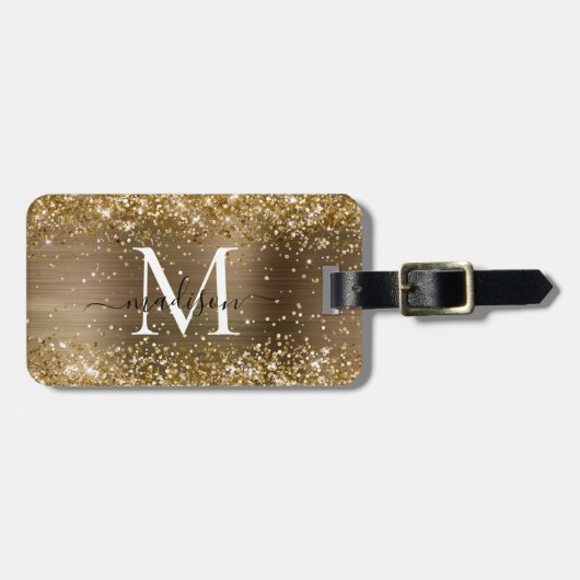 Yellow Gold Glitzer Brushed Metal Monogram Script Gepäckanhänger (Vorderseite horizontal)