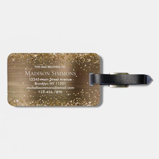 Yellow Gold Glitzer Brushed Metal Monogram Script Gepäckanhänger (Rückseite horizontal)
