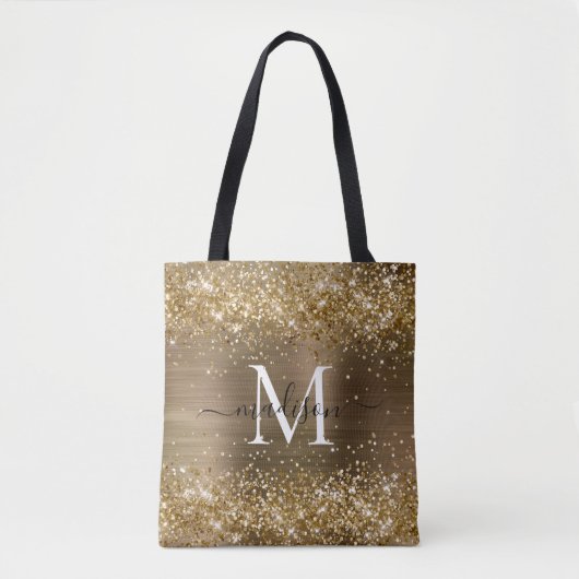 Yellow Gold Glitzer Brushed Metal Monogram Script Tasche (Vorderseite)