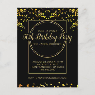 Yellow Gold Glitzer Confetti am Schwarzen Geburtst Einladungspostkarte