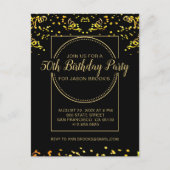 Yellow Gold Glitzer Confetti am Schwarzen Geburtst Einladungspostkarte (Vorderseite)
