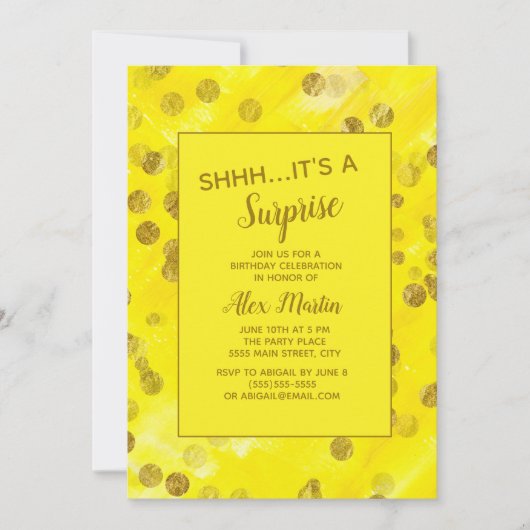 Yellow Gold Glitzern Surprise Birthday Party Einladung (Vorderseite)