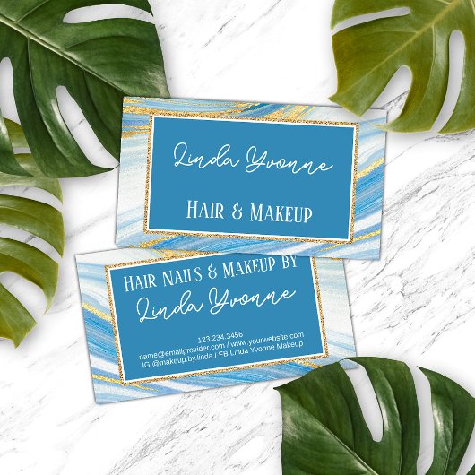 Yellow Gold Light Blue Marble Agate Art Muster Visitenkarte