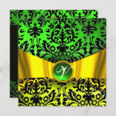 YELLOW GOLD RIBBON EMERALD SCHWARZE DAMASK MONOGRA EINLADUNG (Vorne/Hinten)