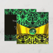 YELLOW GOLD RIBBON EMERALD SCHWARZE DAMASK MONOGRA EINLADUNG (Vorne/Hinten)