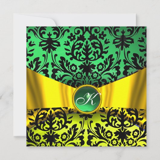 YELLOW GOLD RIBBON EMERALD SCHWARZE DAMASK MONOGRA EINLADUNG (Vorderseite)