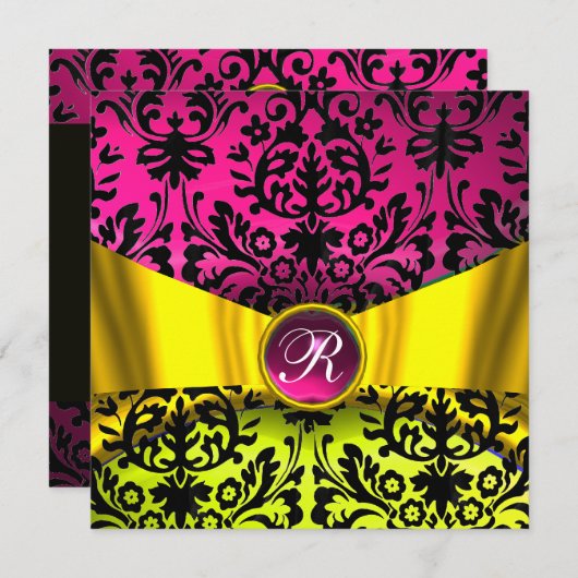 YELLOW GOLD RIBBON FUCHSIA BLACK DAMASK MONOGRAMM EINLADUNG (Vorne/Hinten)