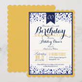 Yellow Gold, White, Navy Blue Birthday Party Einladung (Vorne/Hinten)