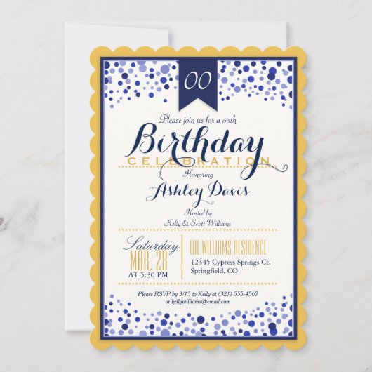 Yellow Gold, White, Navy Blue Birthday Party Einladung (Vorderseite)