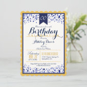 Yellow Gold, White, Navy Blue Birthday Party Einladung (Stehend Vorderseite)