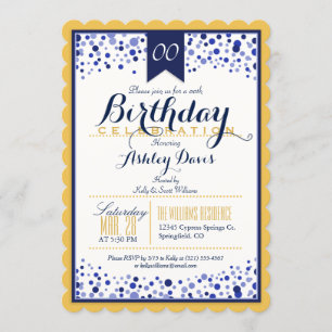 Yellow Gold, White, Navy Blue Birthday Party Einladung