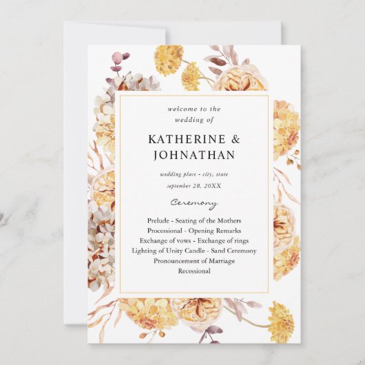 Yellow Golden Floral Wedding Program Einladung (Vorderseite)