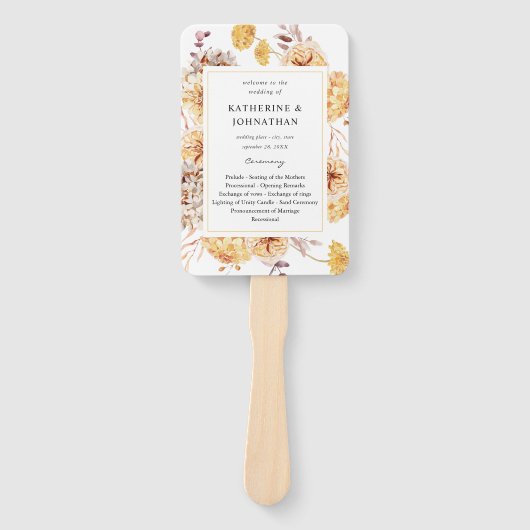 Yellow Golden Floral Wedding Program Hand Fan Fächer (Vorderseite)