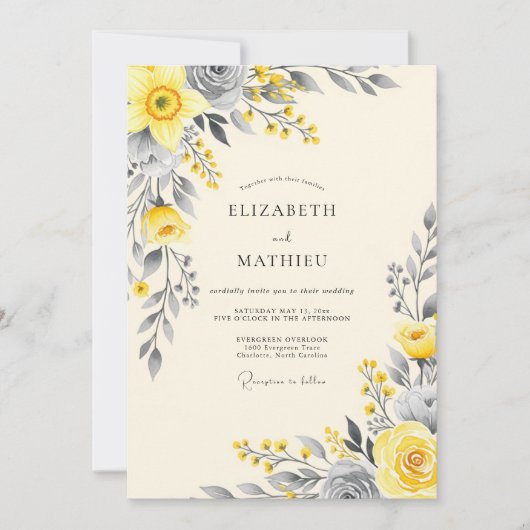Yellow Graceful Botanical Wedding Einladung (Vorderseite)