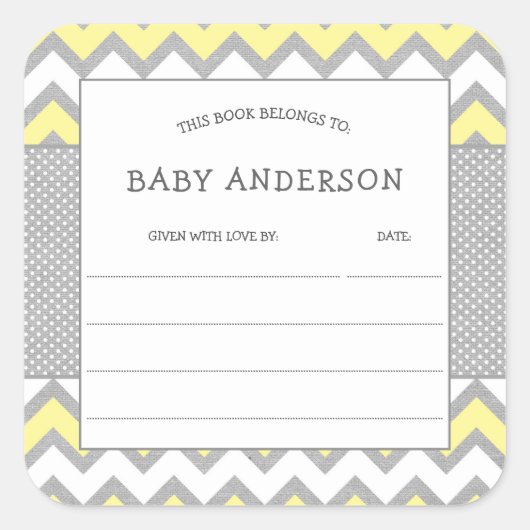 Yellow Gray Buchzeichen, Babybibliothek Quadratischer Aufkleber (Vorderseite)