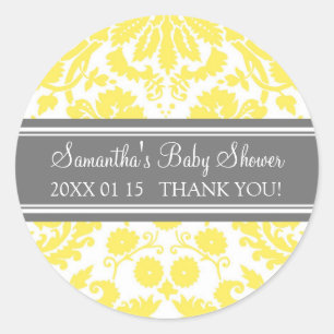 Yellow Gray Damask Baby Dusche Pflegeaufkleber Runder Aufkleber