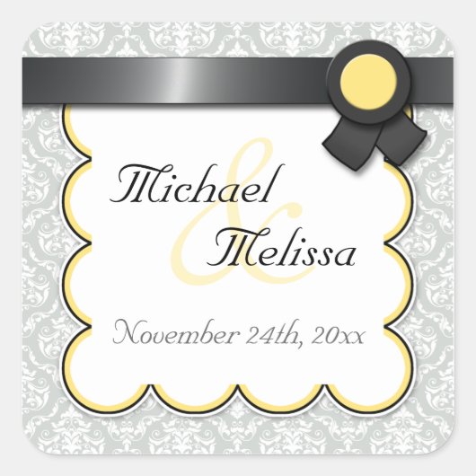 Yellow & Gray Damask Wedding Favor Stickers (Vorderseite)