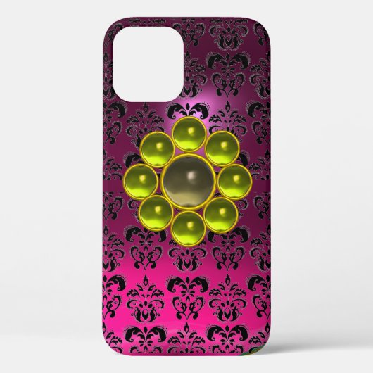 YELLOW GRAY GEMSTONE MON Pink Fuchsia Black Damask Case-Mate iPhone Hülle (Rückseite)