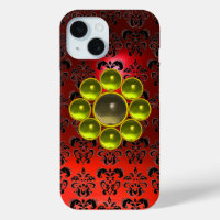YELLOW GRAY GEMSTONE MON Red Black Damask