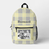 Yellow Gray Gingham Kariertes Muster Name und Foto Bedruckter Rucksack (Vorderseite)