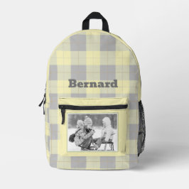 Yellow Gray Gingham Kariertes Muster Name und Foto Bedruckter Rucksack