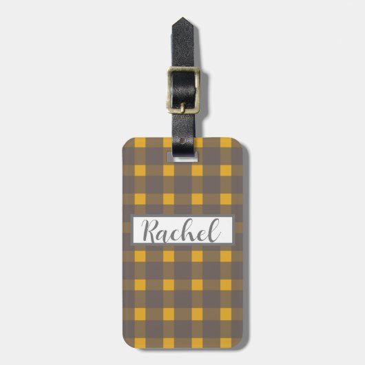 Yellow Gray Gingham Personalisiert Gepäckanhänger (Vorderseite vertikal)