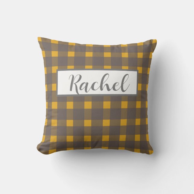 Yellow Gray Gingham Personalisiert Kissen (Vorderseite)