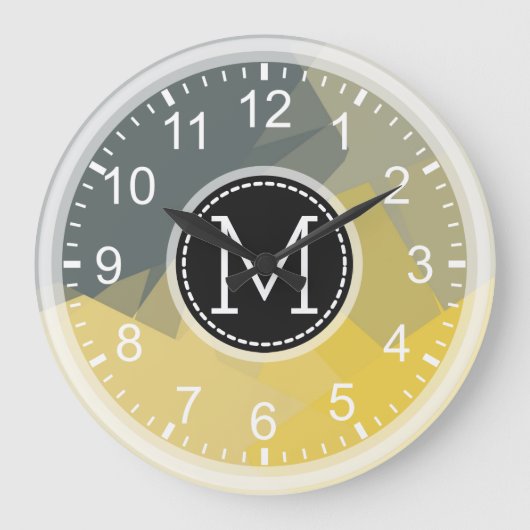 Yellow Gray Mosaic Modern Monogram Große Wanduhr (Vorderseite)