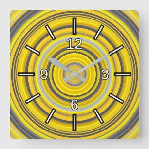 Yellow & Gray Nested Circles Pattern Square Clock Quadratische Wanduhr
