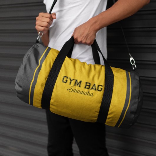 Yellow & Gray Sport Typography Gym Bag Custom Name Duffle Bag