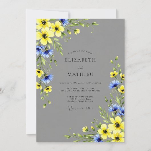 Yellow Gray Vibrant Meadow Wedding Einladung (Vorderseite)