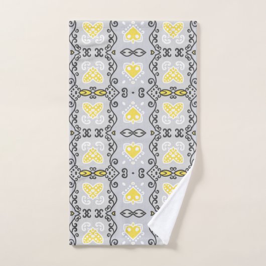 Yellow Gray White Arabesque Geometric Pattern Badhandtuch Set (Handtuch)