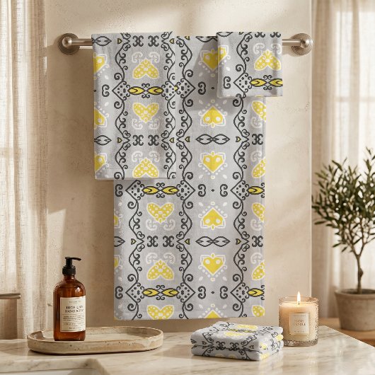 Yellow Gray White Arabesque Geometric Pattern Badhandtuch Set