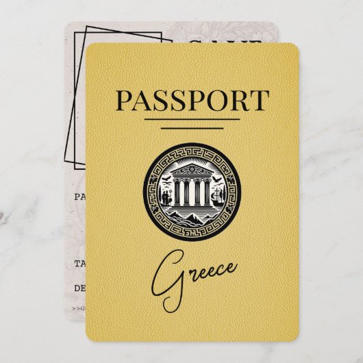 Yellow Greece Passport Save the Date Card (Vorne/Hinten)
