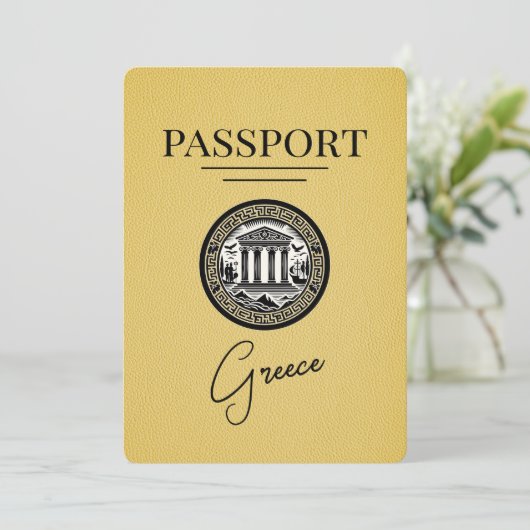 Yellow Greece Passport Save the Date Card (Stehend Vorderseite)