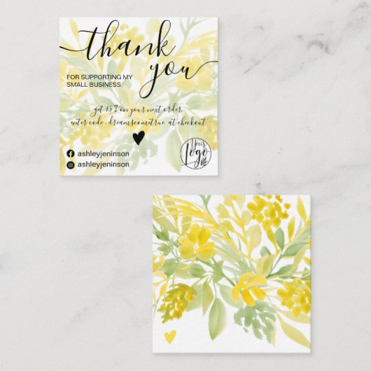 Yellow green Aquarell mädchenhaft Auftrag danke Quadratische Visitenkarte (Vorne/Hinten)