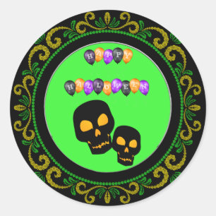 Yellow Green Black Skulls Happy Halloween Balloons Runder Aufkleber