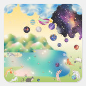 Yellow Green Blue Purple Cats Playing Planets Quadratischer Aufkleber (Vorderseite)