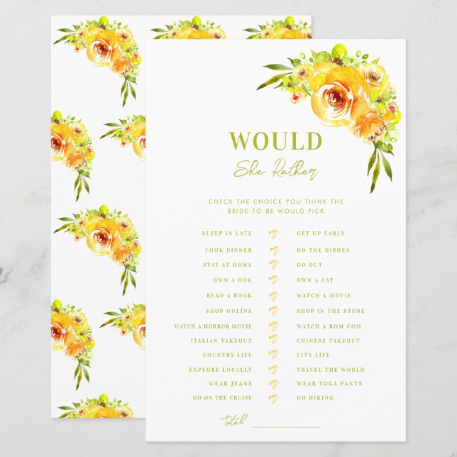 Yellow Green Bridal Shower Would She Rather Game (Vorne/Hinten)