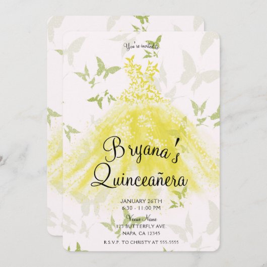 Yellow Green Butterfly Dress Quinceañera Einladung (Vorne/Hinten)