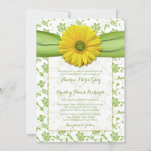 Yellow Green Damask Daisy Wedding Einladung (Vorderseite)