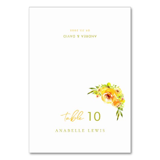 Yellow Green Floral Guest Name Wedding Place Card Tischnummer (Vorderseite)