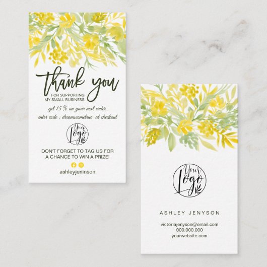 Yellow green floral script logo order danke visitenkarte (Vorne/Hinten)