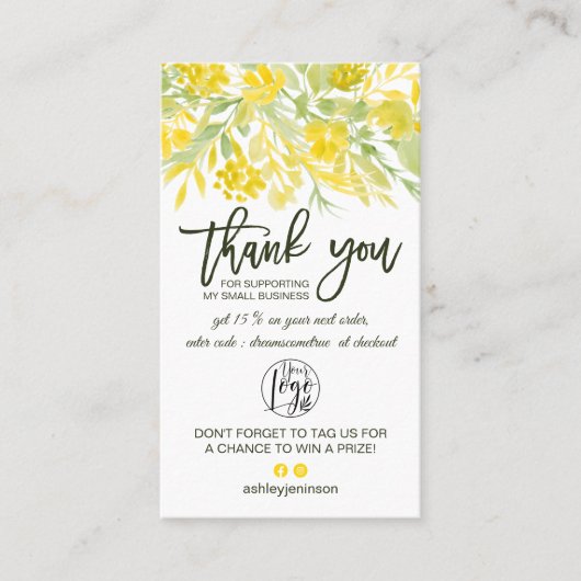 Yellow green floral script logo order danke visitenkarte (Vorderseite)