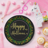 Yellow Green Gold Glitzer auf Black Happy Hallowee Pappteller (Party)