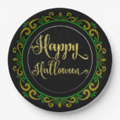 Yellow Green Gold Glitzer auf Black Happy Hallowee Pappteller (Vorderseite)