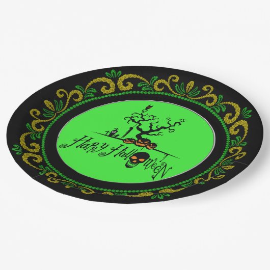 Yellow Green Happy Halloween Grave Yard Pappteller (Schrägansicht)