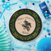 Yellow Green Happy Halloween Hexen Broom Pappteller (Party)