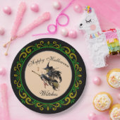 Yellow Green Happy Halloween Hexen Broom Pappteller (Party)