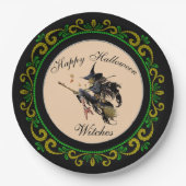 Yellow Green Happy Halloween Hexen Broom Pappteller (Vorderseite)